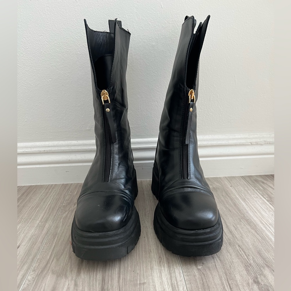 Black Combat Boots with Gold Accents Calfskin Leather